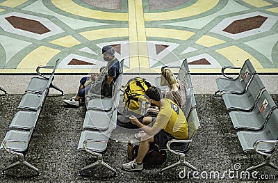 Center seating area of â€‹â€‹passengers waiting to board a train at Hua Lamphong Railway Station, Bangkok, Thailand Editorial Stock Photo